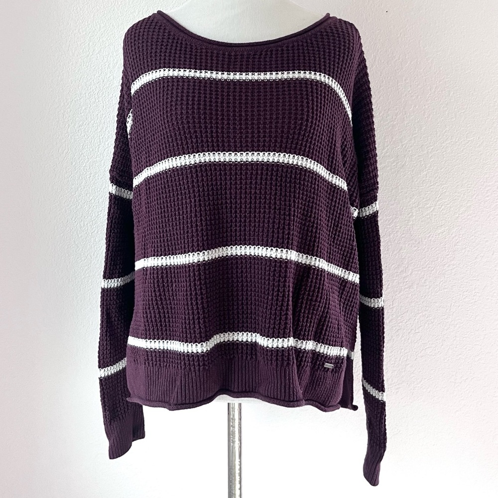 Hollister Burgundy and White Striped Knit Sweater